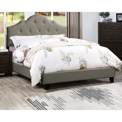 Cadre de chambre à coucher de style contemporain, lit double, revêtement gris, lit moderne paisible, tête de lit et structure arquées