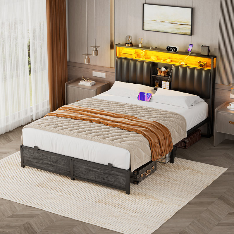 Base de lit tapissier Kaizyn avec tête de lit éclairée et station de charge, Double, Gris