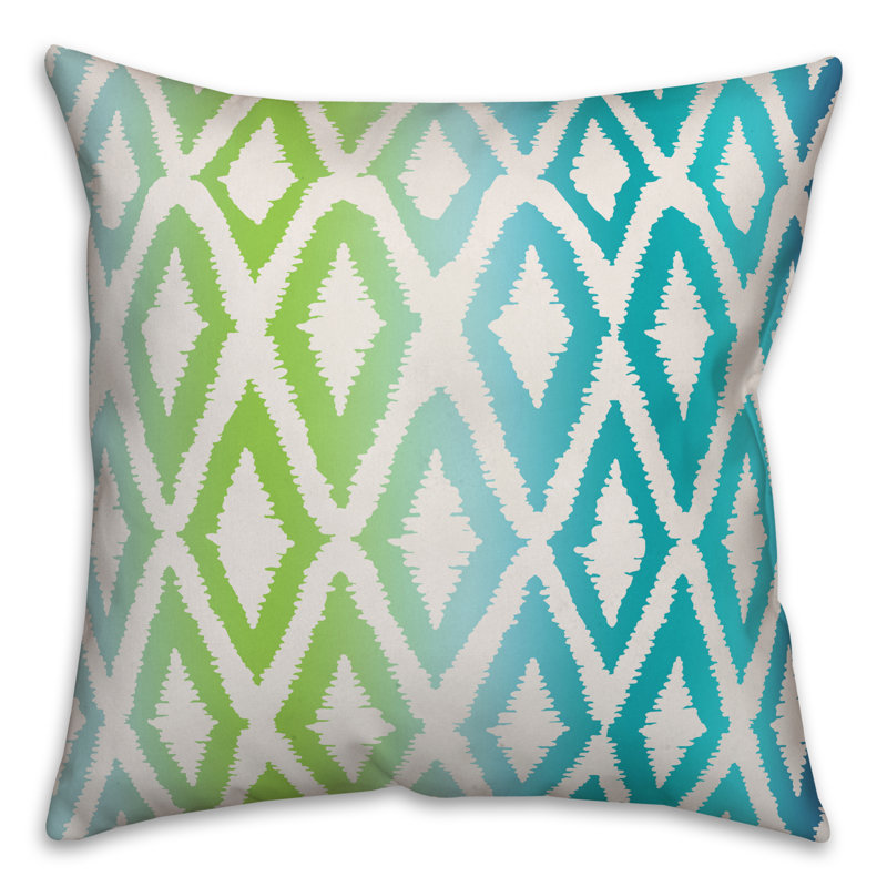 Ikat Outdoor Throw Pillow, Polyester/Polyfill, 18" x 18", Light Green/White/Teal