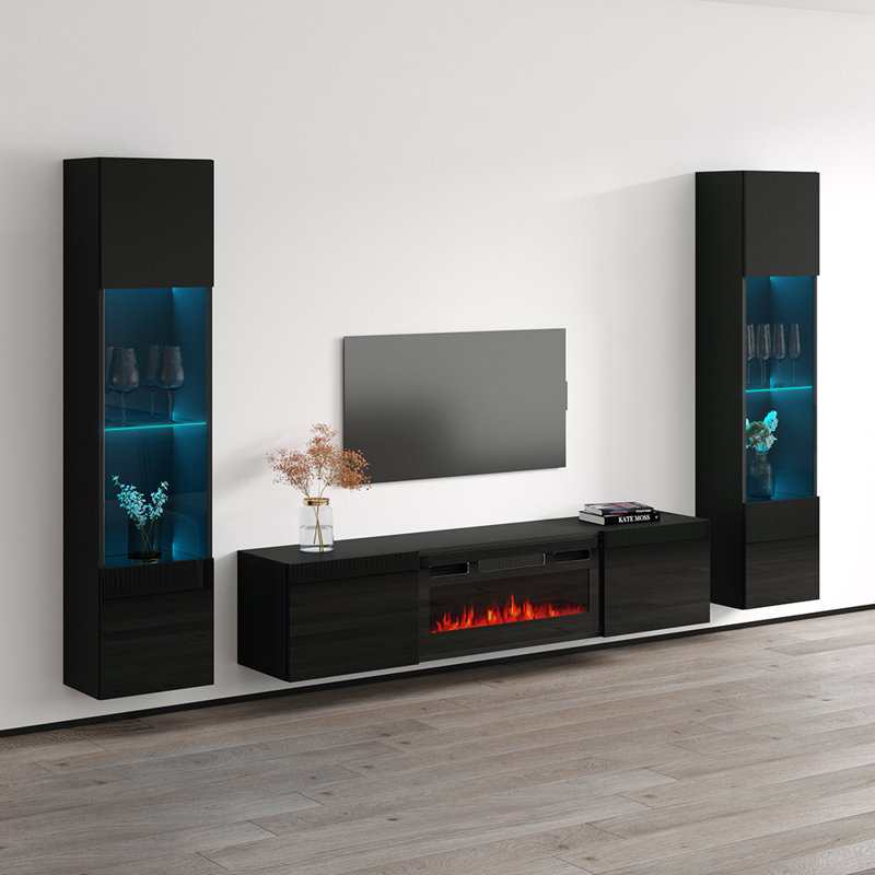 Breeahna 103.6" Modern Entertainment Centre with Electric Fireplace, High Gloss Finish, Wall-Mounted, Black
