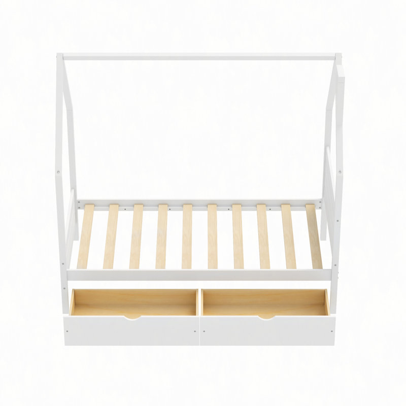 Cadre de lit Montessori avec 2 tiroirs de rangement, lit en bois en forme de maison avec tête de lit, sommier non requis, montage facile