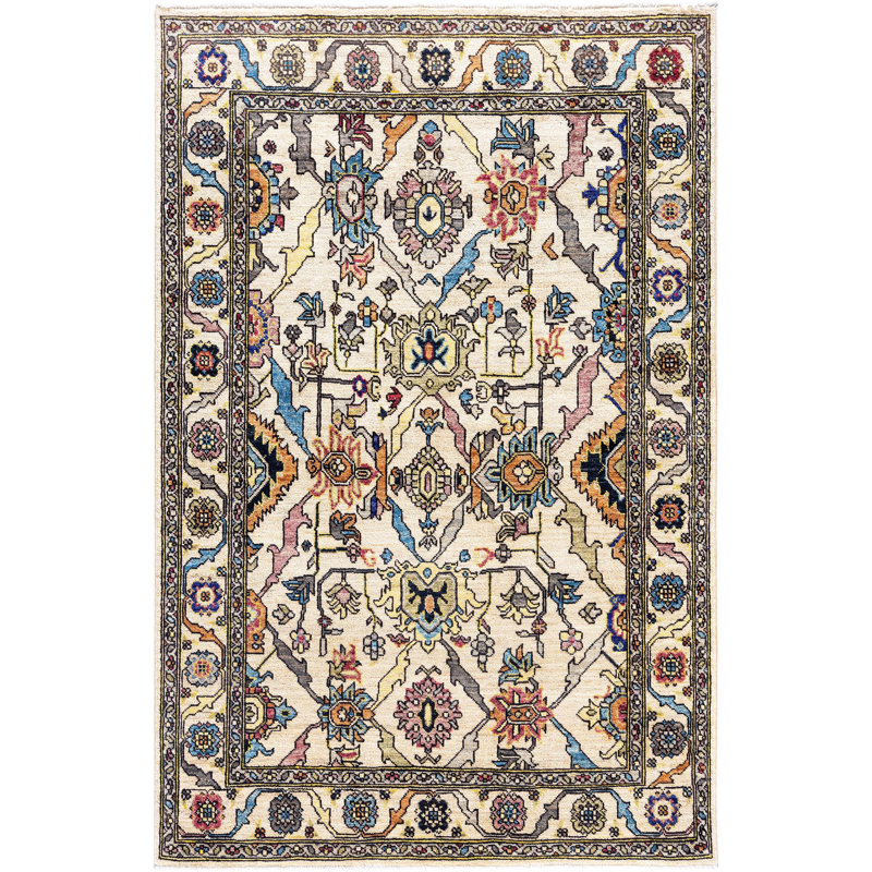 Tapis unique noué à la main Raffin - ivoire 4 pi 0 po x 5 pi 11 po Raffin