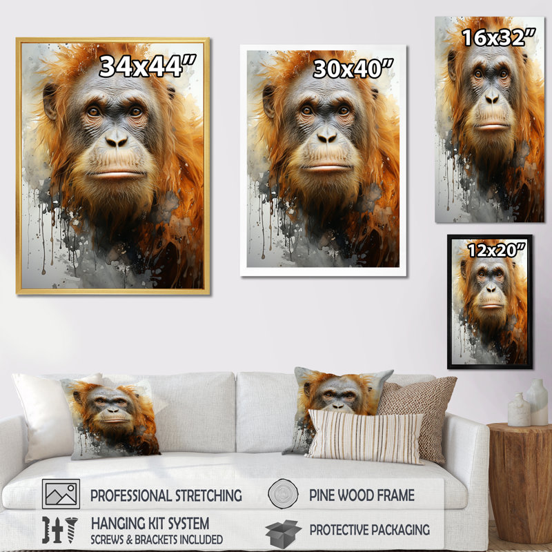 Orang-outan brun dans la forêt tropicale sur toile, Cadre flottant blanc, H 40 po x l 30 po x P 1,5 po