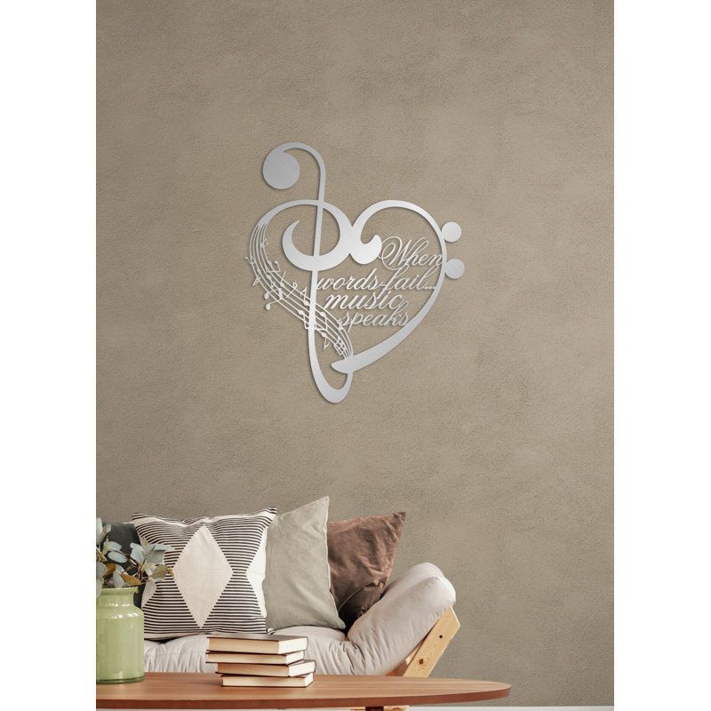 Metal Notes and Heart Wall Art, When words fail music speaks, Metal Wall Decor for Musician Gift, Matte Silver