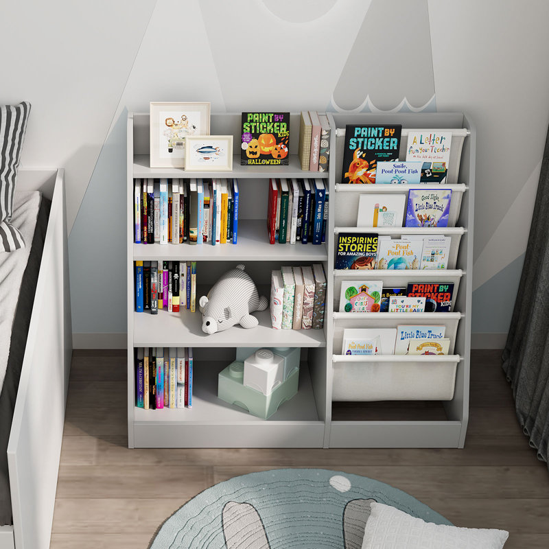 Bibliothèque pour enfants Maggiorina, étagère à livres, armoire de rangement, présentoir à livres, Gris / blanc
