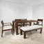 Ensemble de table de salle à manger 6 pièces avec banc, table de salle à manger longue avec trou pour parasol, bois massif, fauteuils rembourrés, style campagnard moderne, utilisation à l'extérieur-815110647
