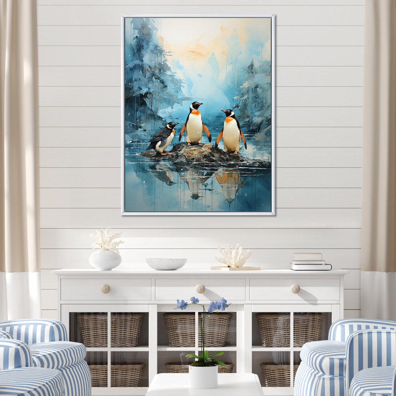 Pingouins antarctiques élégance IV sur toile, H 32 po x l 16 po x P 1 po, Cadre flottant blanc