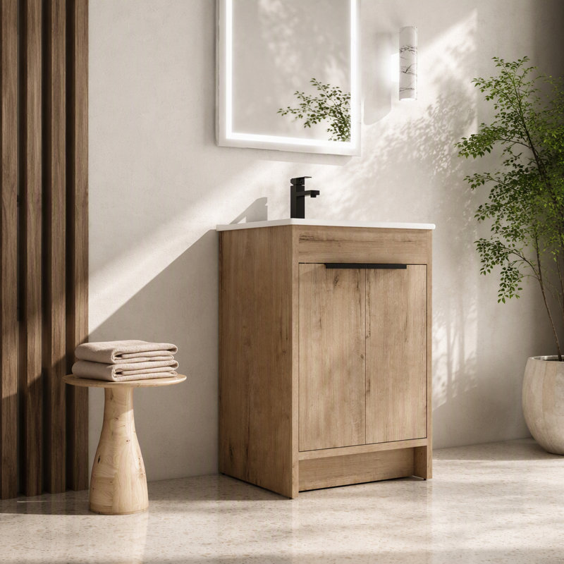 24.09'' Single Bathroom Vanity with Ceramic Top, White, Oak