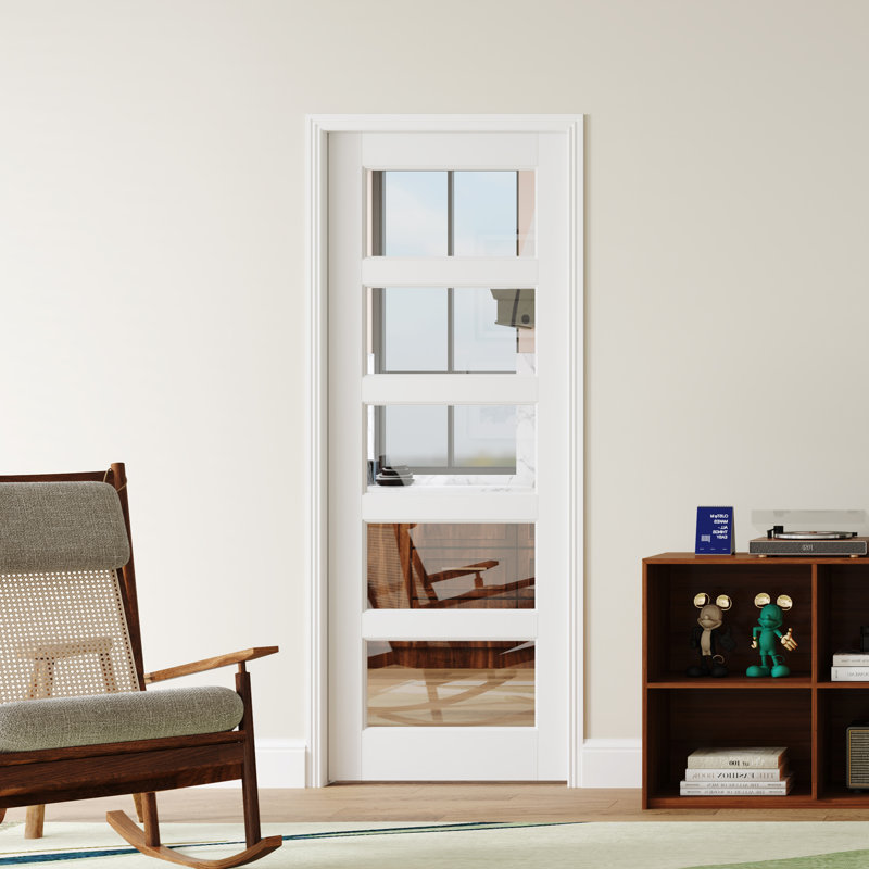 Dalle de porte 5 pièces en verre transparent fabriquée en bois blanc apprêté avec dalle de porte intérieure (sans charnière et quincaillerie d'installation / poignées)