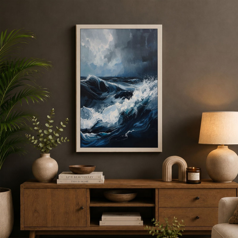 Storm at Sea Coastal 1 Piece Wrapped Canvas Wall Art, 36x24 - 91.4 x 61.0 cm, Sage Border