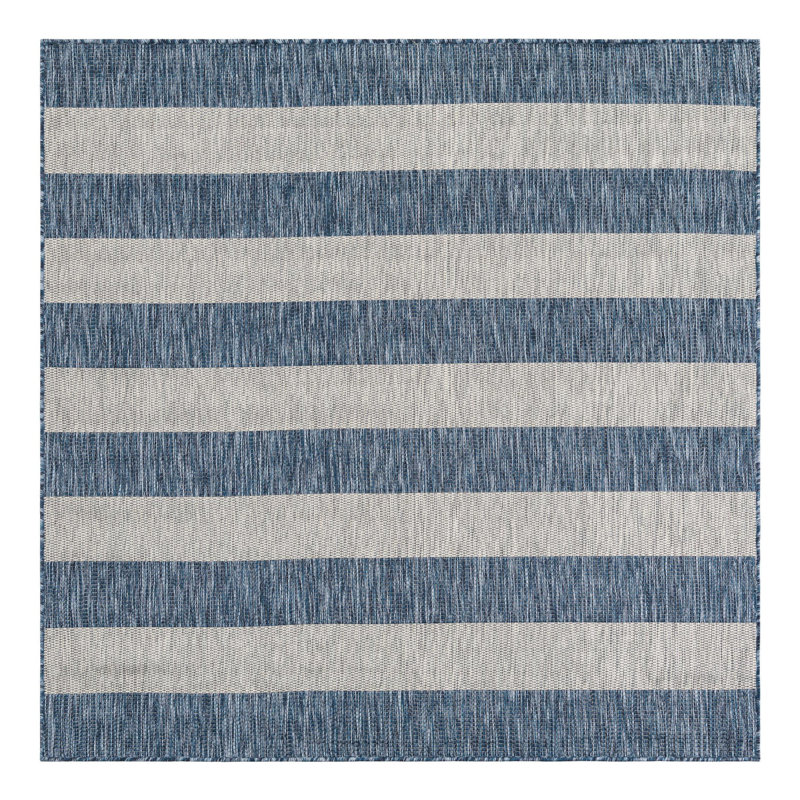 Tapis rayé bleu / gris intérieur / extérieur Simoes, Carré 6 pi 1 po