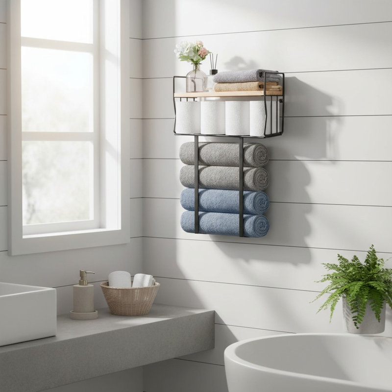 Porte-serviettes mural avec tablette en bois