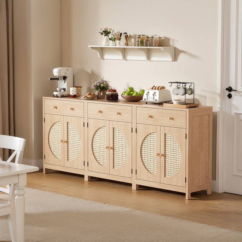 Rattan Sideboard Buffet Cabinet, Coffee Bar Cabinet with Adjustable Storage Shelves and Drawers for Dining Room or Living Room, Natural Oak (Set of 3)
