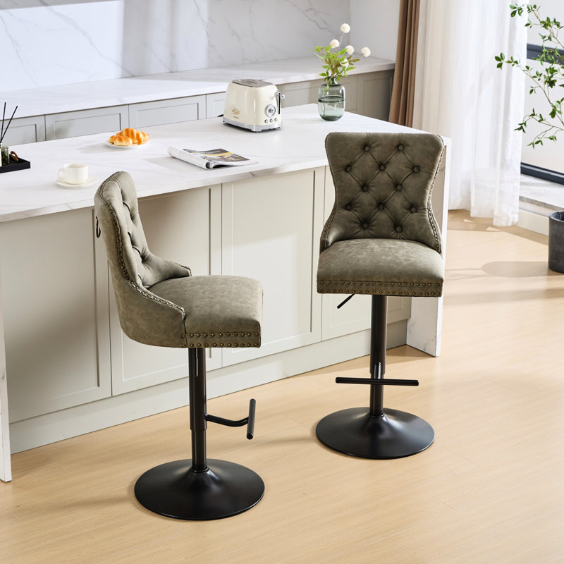 Tabourets de bar en similicuir à hauteur réglable, confortables pour la maison, le pub et la cuisine, couleur olive, 2 chaises avec dossier et assise, 2