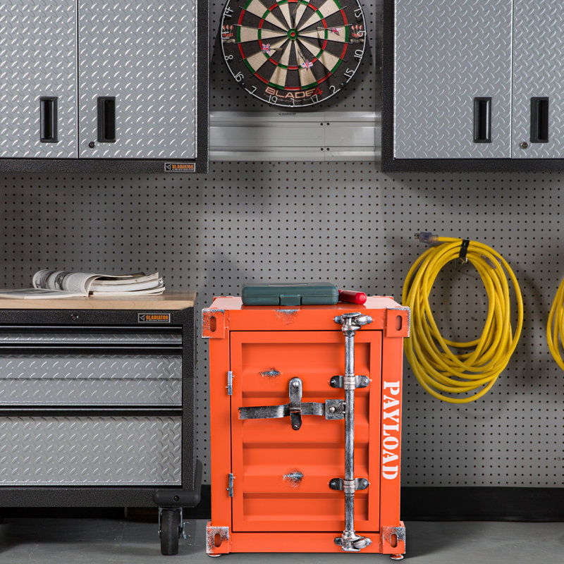 Jearldean Industrial Iron Retro Style Container Side Table With Lock, Orange
