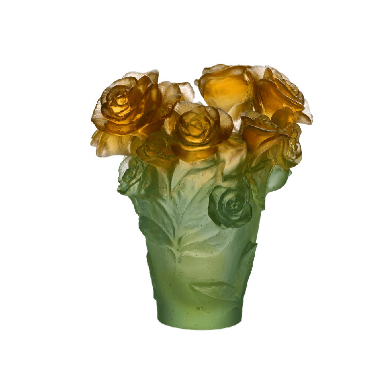 Rose Passion Handmade Crystal Table Vase, 6.7" H x 5.7" W x 5.7" D, Green/Orange