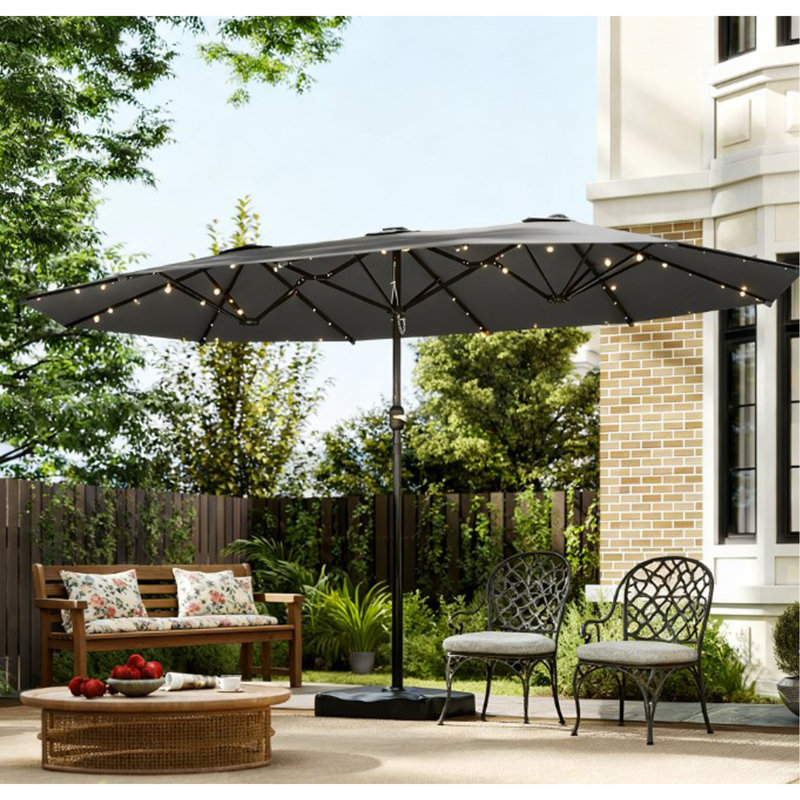 Parasol à double face facile à utiliser avec base, parasol de patio avec lumières solaires à DEL, parasol à double face Parasol