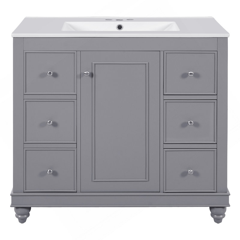 Ensemble de meuble-lavabo moderne gris avec lavabo en céramique 36 po x 18,3 po x 34,1 po, 4 tiroirs et 1 porte, rangement polyvalent, tablette réglable,