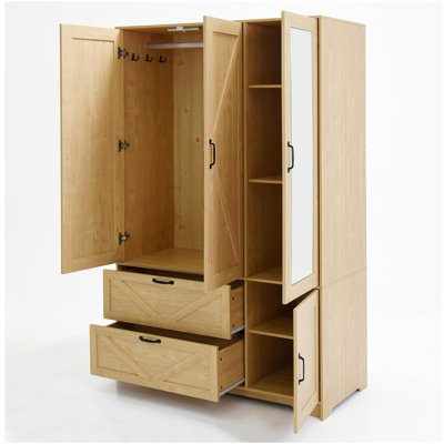 Armoire 4 portes avec miroir, armoire à DEL avec portes et 2 tiroirs, armoire de rangement en bois avec tringle, tablettes réglables, naturel