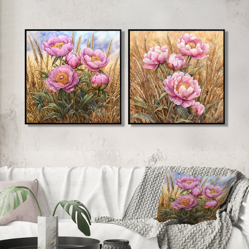 Pivoines dans le champ de blé III - décoration murale pivoines - art mural traditionnel 2 pièces, Cadre flottant, Noir
