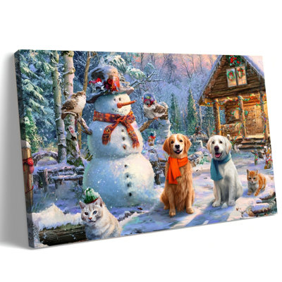 «Christmas Winter Cabin Landscape», art mural sur toile, bonhomme de neige, chiens, chats, peinture, photos de Noël rétro, forêt d'hiver, pin, impressions sur toile pour le salon, la cuisine, la chambre à coucher, le bureau, 12 po x 16 po