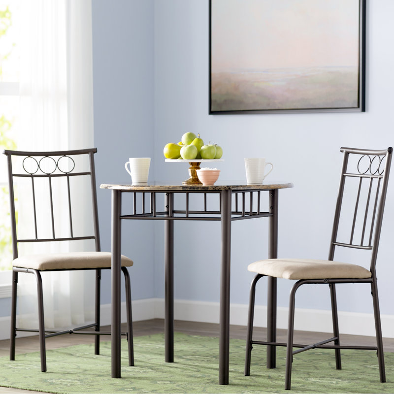 Berty 3 - Piece Dining Table Set, Small, 30" Round, Kitchen, Metal, Laminate, Brown Marble Look