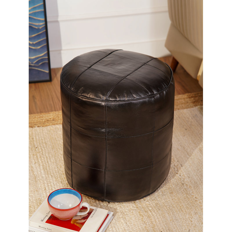 Upholstered Ottoman, Round, Black Genuine Leather, 14" H x 14" W x 14" D