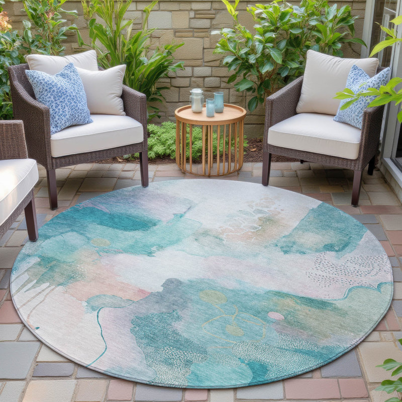 Tapis turquoise intérieur / extérieur lavable à la machine, Rond 8 pi