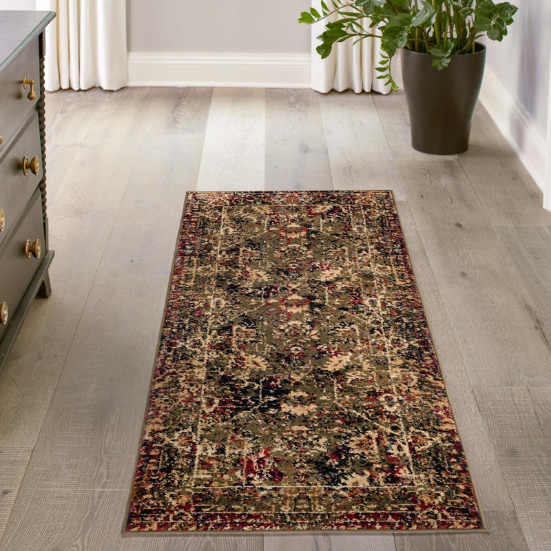 Tapis traditionnel Qrutwood vert-noir, Tapis de couloir 2 pi 2 po x 5 pi