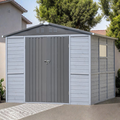 Outdoor Iron & Solid Wood Tool Storage Shed With Two Doors And Windows For Garden, Patio, Backyard