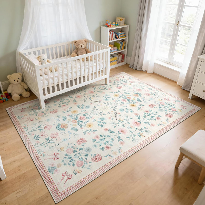 Tapis floral 8 x 10 pliable lavable et antidérapant pour bureau de salle à manger, rose, Rectangulaire 8 pi x 10 pi, Rose