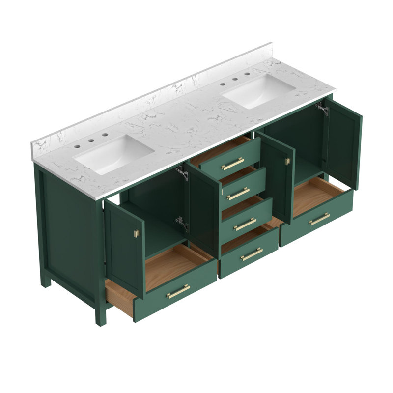 Meuble-lavabo autoportant avec rangement à fermeture en douceur, Vert, 72", Doré