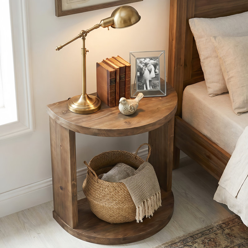 Table de chevet en bois massif 23,6 po, table de chevet demi-lune avec tablette ouverte pour la chambre à coucher, petits espaces
