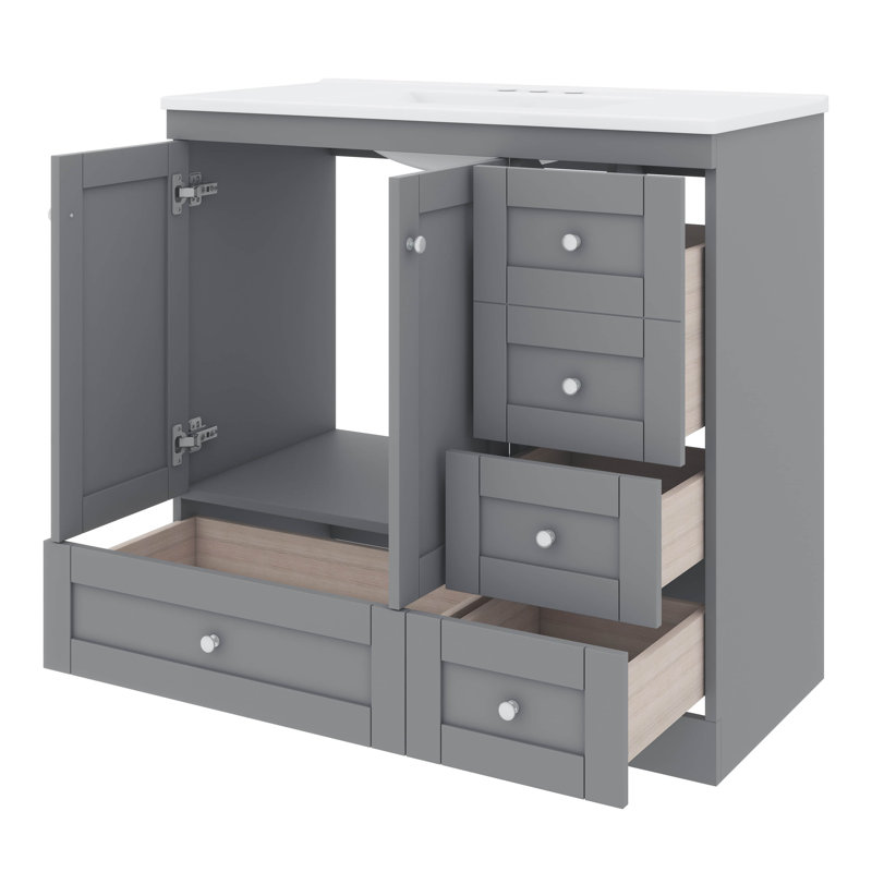 Meuble-lavabo 36 po avec lavabo en céramique et armoire de rangement à tiroir, Gris