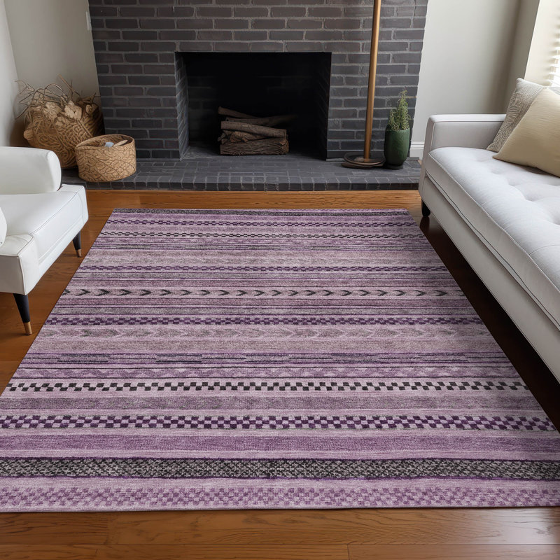 Plum and Gray Striped Washable Indoor/Outdoor Rug 3' x 5'
