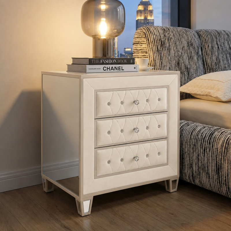 Mitra - Mirrored & Velvet Nightstand with Diamond Crystal Knobs, Fully Assembled., Cream