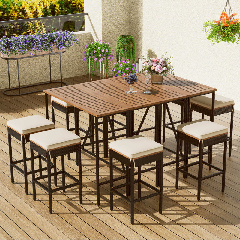 10-Piece Outdoor Wood Bar Height Table And 8 Stools Garden PE Rattan Wicker Dining Table High-Dining Bistro Set