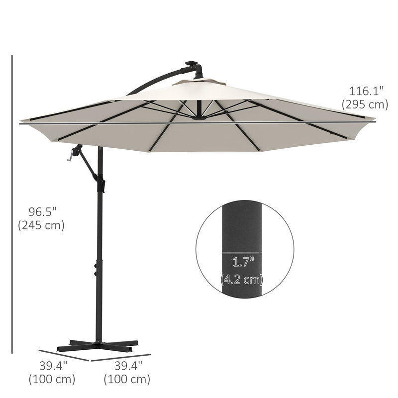 Parasol de patio en porte-à-faux décalé avec lumières solaires, base, Beige