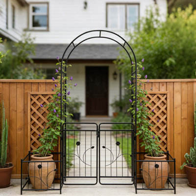 Arche de jardin en métal avec barrière 79,5 po de large x 86,6 po de hauteur pour plante grimpante