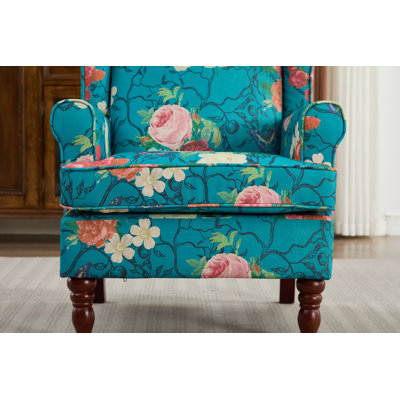 Modern Accent Chair with Retro Wood Legs, Comfy Upholstered Armchair, Floral Design Single Sofa Chair for Living Room Bedroom Office - Floral Cyan