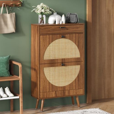 Rangement à chaussures avec 2 portes semi-circulaires en rotin naturel, armoire à chaussures en bois pour les espadrilles, chaussures en cuir, talons hauts, pantoufles (1 pièce, noyer)