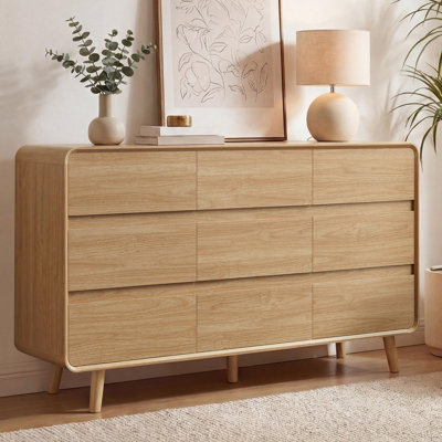Angela Bedroom Dresser with 9 Drawer in Natural Finish, Tall Dresser & Chest, 15.8"D x 55"W x 30.7"H