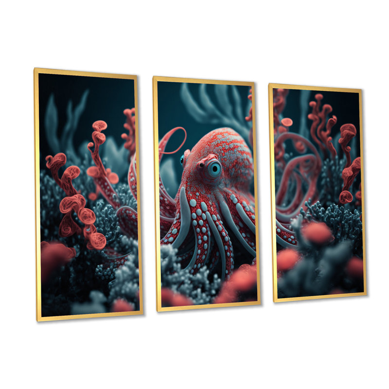 «Red Octopus On The Ocean Floor I», reproduction sur toile 3 pièces, H 28 po x l 36 po x P 1 po