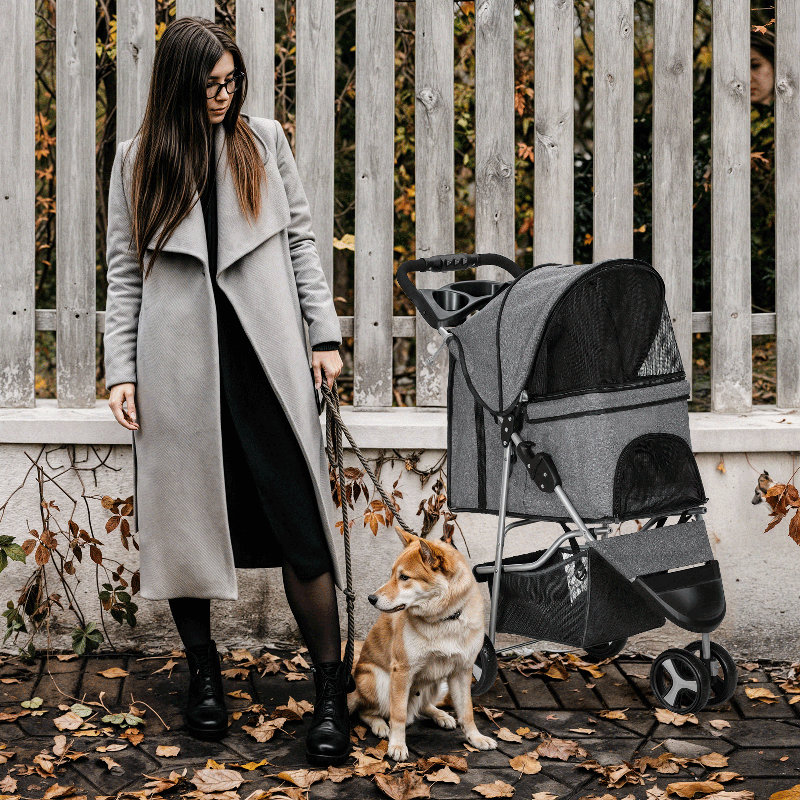Foldable Pet Stroller, 3 Wheels Folding Carrier Jogger Stroller for Dogs Cats with Canopy and Basket, Gray/Solid