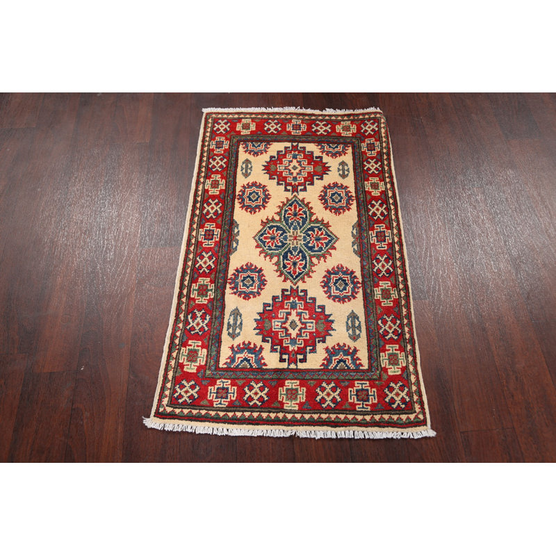 Tapis décoratif en laine de conception unique beige/rouge 2 pi x 3 pi 3 po kazak noué à la main