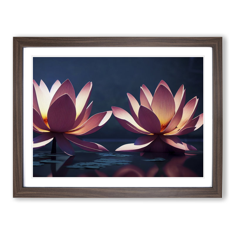 Luxurious Lotus Flowers - Single Picture Frame Print, 46cm H x 64cm W x 2cm D, Walnut