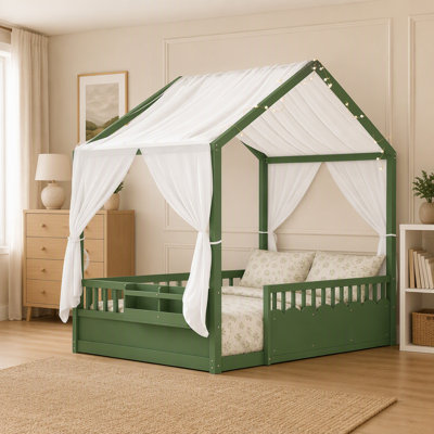 Montessori Floor Risch for Kids, Wooden Canopy House Risch Frame with Safety Guardrails and Door, Built-in Warm Light String and Bookshelf, Low Profile Risch, No Box Spring Needed