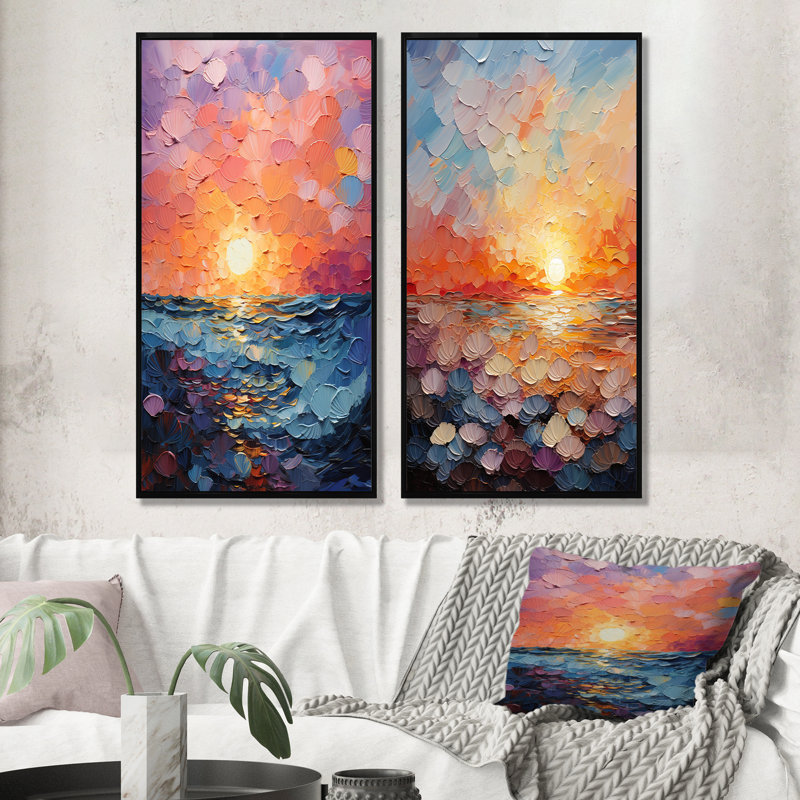 Coastal Harmony Dreamscape Sunset - ensemble de 2 impressions sur toile de paysage, H 40 po x l 41 po, Cadre noir