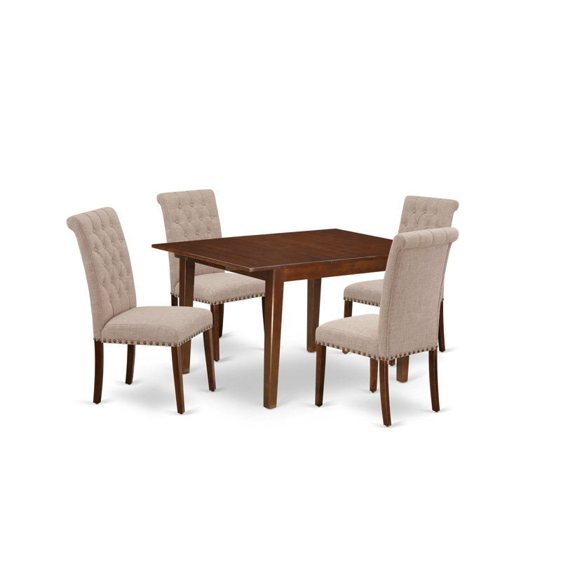5 Piece Kitchen Table Set for 4 Includes a Rectangle Dining Table with Butterfly Leaf and 4 Light Tan Linen Fabric Parson Chairs, Mahogany