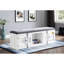Banc de rangement en tissu gris Cargo et en métal blanc avec siège rembourré pour une construction confortable.